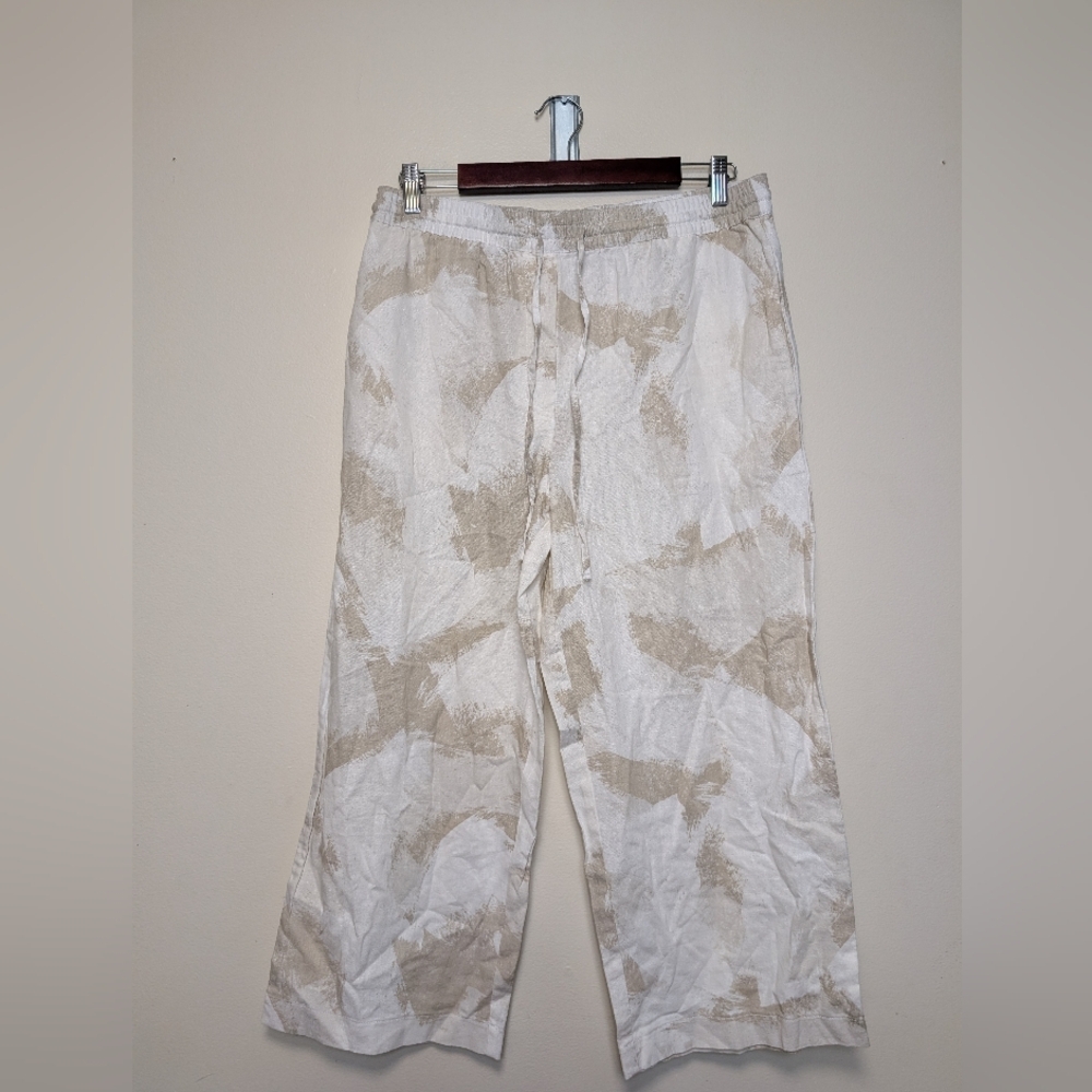 DKNY Pure Linen Blend Drawstring Pants – Abstract Neutral Print – Size Small